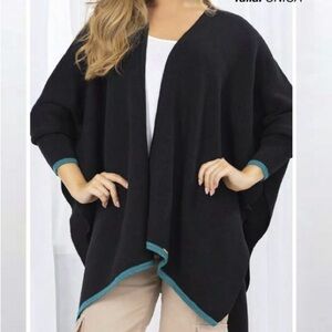 NWT 🇨🇴 Elegant Black Poncho with Teal Trim - Tejidos Colombia